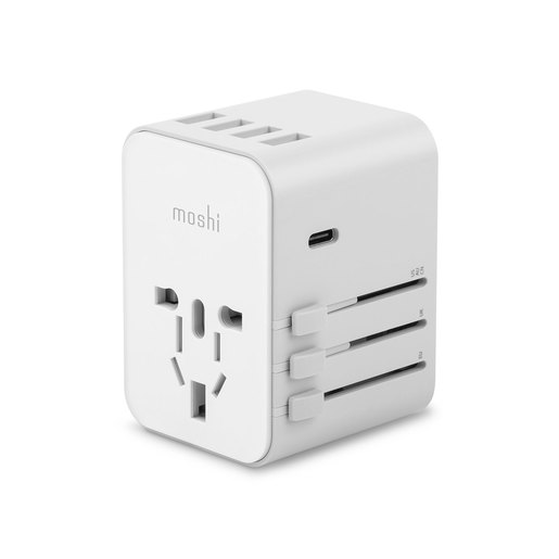 Универсальный адаптер питания Moshi World Travel Adapter, оснащенный вилками для ЕС, США, Великобритании, Австралии. Порты: USB-C 15 Вт, USB-A.